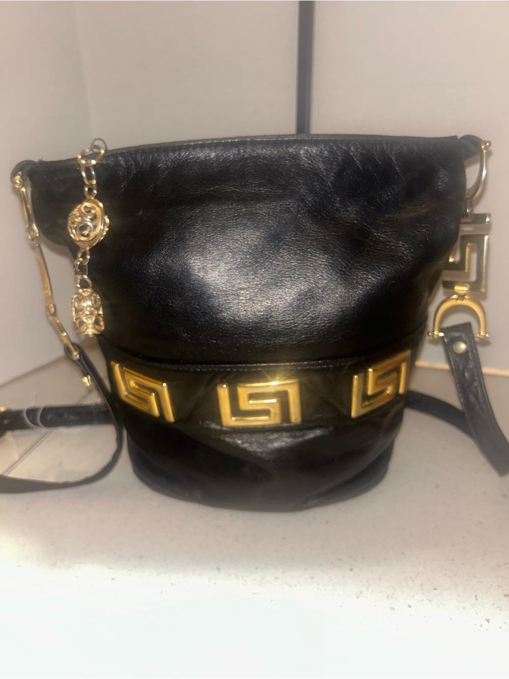 Vintage Paris Black Leather Crossbody Bag with Gold Accent